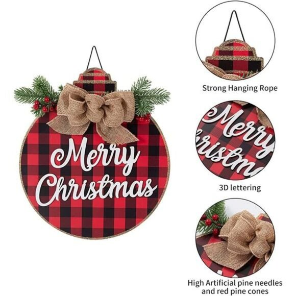 Heart Carpenter Christmas Wreath - Buffalo Plaid Xmas Decorations ( Red-Black) - Picture 4 of 6